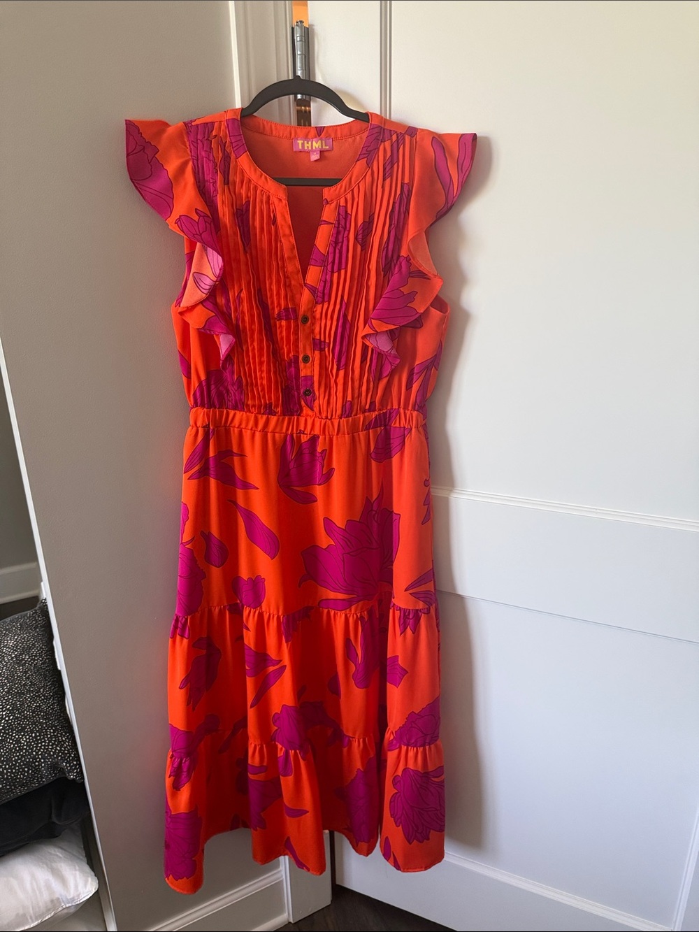 THML Orange Midi Dress with Pink Floral Print